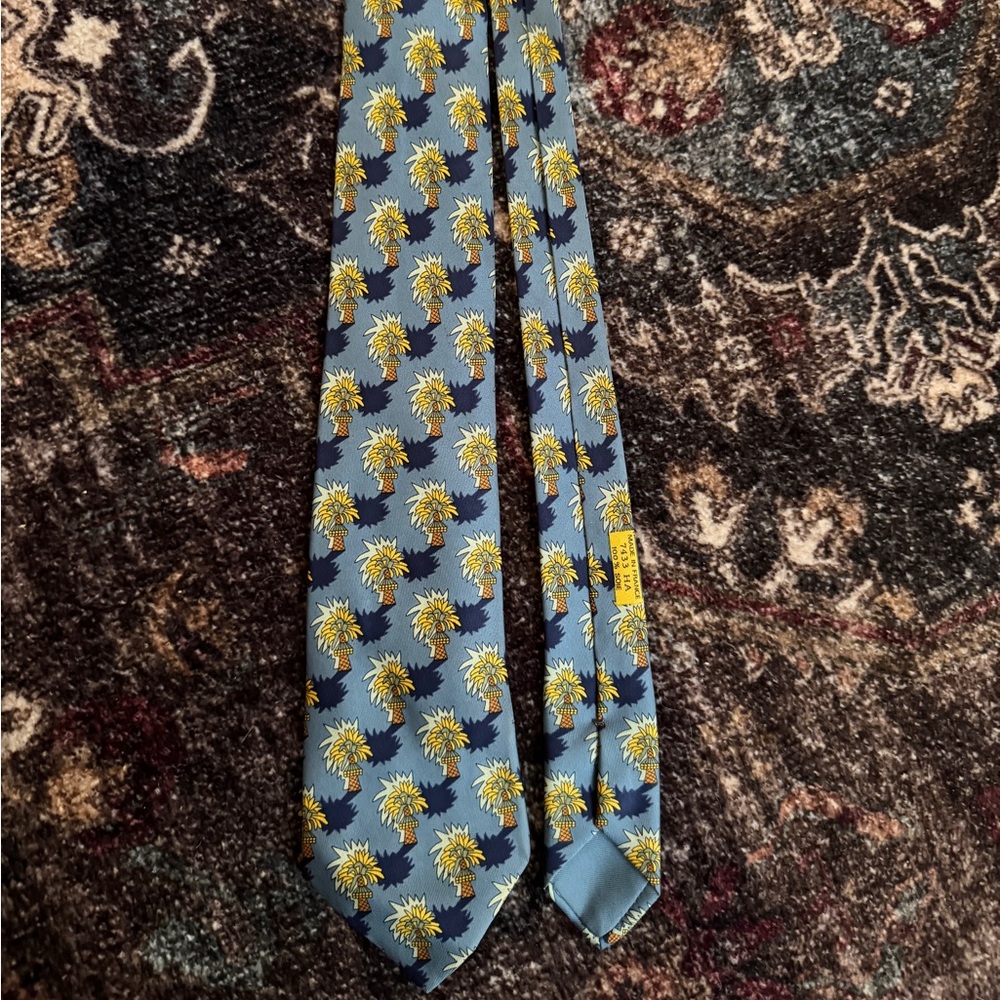 Vintage Hermes Blue and Yellow palm Tie (7433 HA)